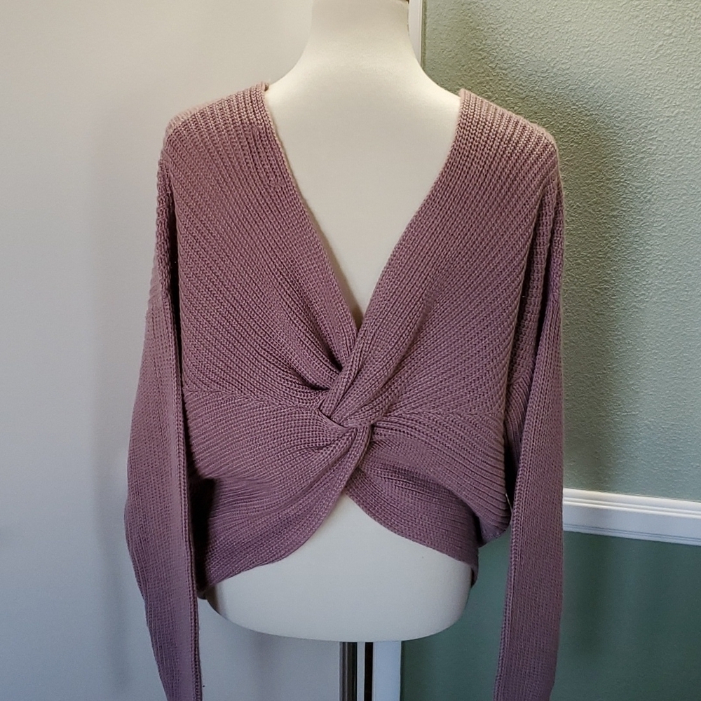 "Love Tree" Long-Sleeve Waffle Knit Sweater, with V-neck Front & Twisted Back - Picture 2 of 14